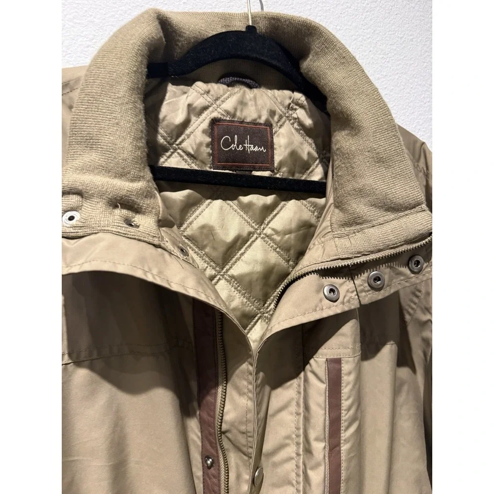 Cole Haan Mens Vtg Leather Trim Rain Thermore Coat‎ Size XL Khaki Weatherproof